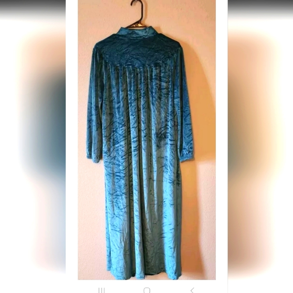 Womans Vintage Robe Nightgown JULIE GIRL Sz L Blue Green Robe Velour Nap Dress
